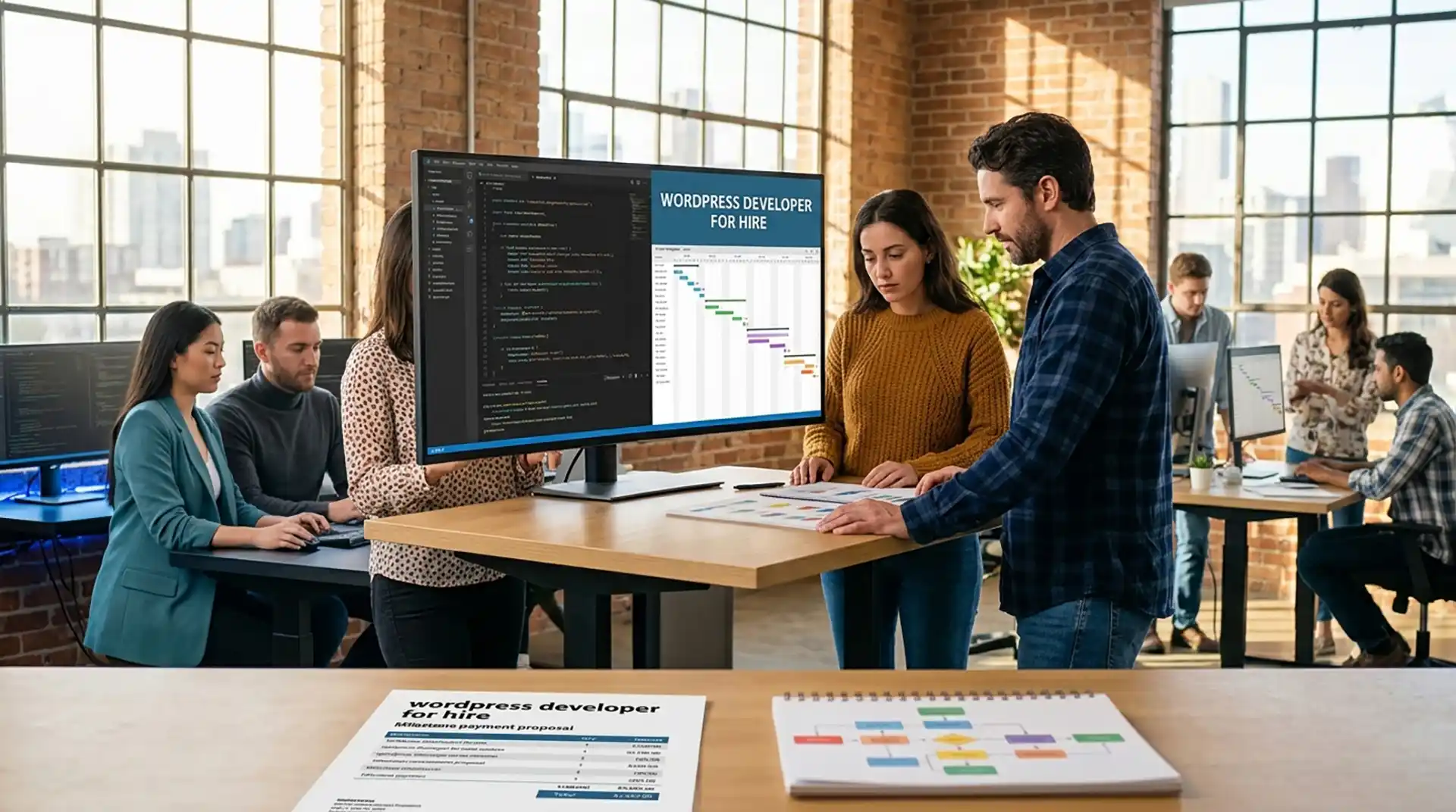 wordpress developer for hire collaborating on project proposal in modern office